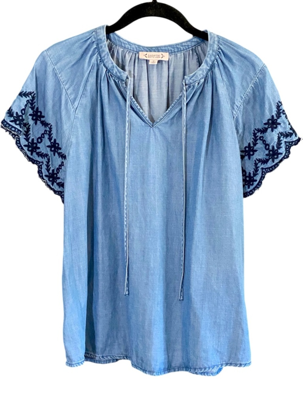Caslon Light Blue Embroidered Sleeve Peasant Top